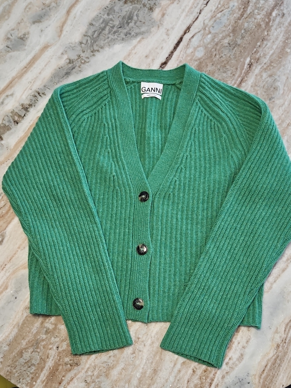 Ganni Emerald Green Ribbed V‑Neck Button Cardigan